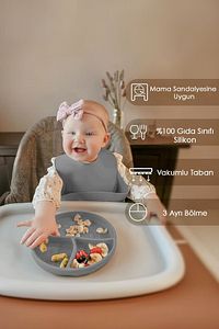 2'li Silikon Bebek Beslenme Seti - Diş Kaşıyıcılı Silikon Kaşık, Vakumlu Tabak - Gri ürün fotoğrafı