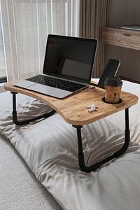 Portatif Katlanır Laptop Sehpası Tablet Telefon Tutuculu Laptop Sehpası Çam ürün fotoğrafı
