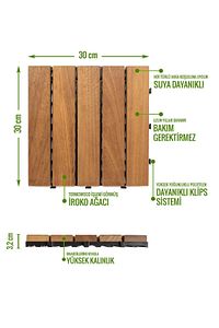 İroko Ağacı Balkon Bahçe Ahşap Yer Döşemesi Karo Deck 30x30 Cm – 10 Adet (0,9m2) ürün fotoğrafı