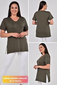 Büyük Beden Organik Pamuklu Yandan Yırtmaçlı Likralı Konfor Modeli Kısa Kollu Spor Ve Günlük T-shirt ürün fotoğrafı