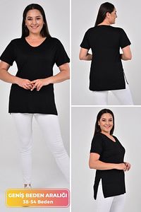 Büyük Beden Organik Pamuklu Yandan Yırtmaçlı Likralı Konfor Modeli Kısa Kollu Spor Ve Günlük T-shirt ürün fotoğrafı