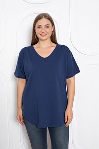 Kadın V Yaka Büyük Beden T-shirt Lacivert ürün fotoğrafı