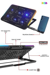 SIXPOWER R9 6 Fan RGB Işıklı Telefon Uyumlu Tutuculu Usb Çoklayıcı Notebook Soğutucu Stand ürün fotoğrafı