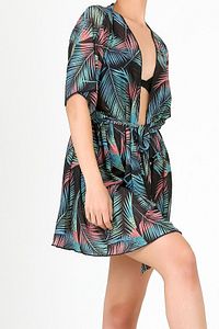 Pareo Plaj Elbisesi Kimono Std Leaf Siyah ürün fotoğrafı