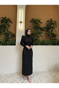 Simli Belden Kuşaklı Siyah Tesettür Abiye Elbise ürün fotoğrafı
