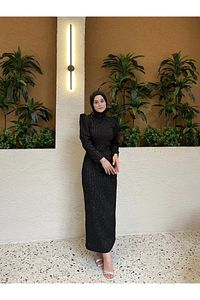 Simli Belden Kuşaklı Siyah Tesettür Abiye Elbise ürün fotoğrafı