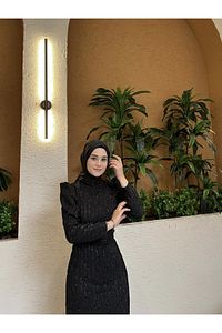 Simli Belden Kuşaklı Siyah Tesettür Abiye Elbise ürün fotoğrafı