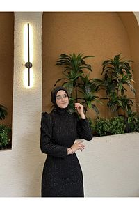 Simli Belden Kuşaklı Siyah Tesettür Abiye Elbise ürün fotoğrafı