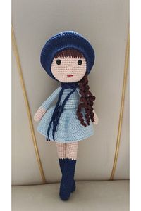 Organik Oyuncak Amigurumi Örgü Şirin Mavi Elbiseli Kız Bebek ürün fotoğrafı