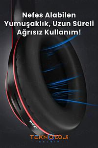 Kablosuz Kulaklık Bluetooth Mikrofonlu Kulaküstü Kulaklık Led Işıklı Katlanabilir SİYAH-KIRMIZI ürün fotoğrafı