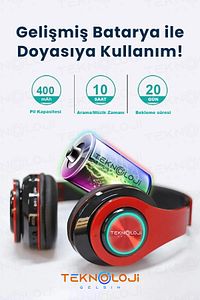 Kablosuz Kulaklık Bluetooth Mikrofonlu Kulaküstü Kulaklık Led Işıklı Katlanabilir Kırmızı ürün fotoğrafı
