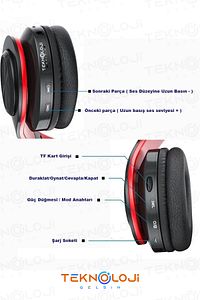 Kablosuz Kulaklık Bluetooth Mikrofonlu Kulaküstü Kulaklık Led Işıklı Katlanabilir Kırmızı ürün fotoğrafı
