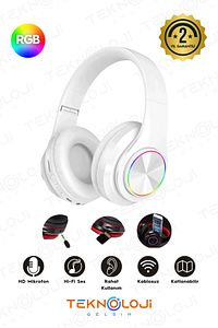 Kablosuz Bluetooth Mikrofonlu Kulaküstü Kulaklık Led Işıklı Katlanabilir Beyaz ürün fotoğrafı