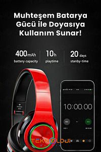 Kablosuz Kulaklık Bluetooth Mikrofonlu Kulaküstü Kulaklık Led Işıklı Katlanabilir Kırmızı ürün fotoğrafı