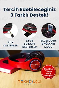 Kablosuz Kulaklık Bluetooth Mikrofonlu Kulaküstü Kulaklık Led Işıklı Katlanabilir SİYAH-KIRMIZI ürün fotoğrafı