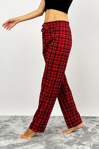 Kadın Pamuklu Ekose Desenli Pijama Altı Eşofman Kurdeleli Kırmızı Siyah Kareli ürün fotoğrafı