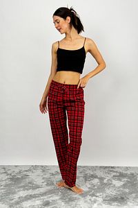 Kadın Pamuklu Ekose Desenli Pijama Altı Eşofman Kurdeleli Kırmızı Siyah Kareli ürün fotoğrafı