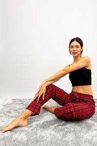 Kadın Pamuklu Ekose Desenli Pijama Altı Eşofman Kurdeleli Kırmızı Siyah Kareli ürün fotoğrafı