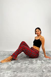 Kadın Pamuklu Ekose Desenli Pijama Altı Eşofman Kurdeleli Kırmızı Yeşil Kareli ürün fotoğrafı
