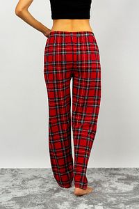 Kadın Pamuklu Ekose Desenli Pijama Altı Eşofman Kurdeleli Kırmızı Yeşil Kareli ürün fotoğrafı