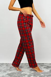 Kadın Pamuklu Ekose Desenli Pijama Altı Eşofman Kurdeleli Kırmızı Yeşil Kareli ürün fotoğrafı