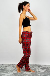 Kadın Pamuklu Ekose Desenli Pijama Altı Eşofman Kurdeleli Kırmızı Yeşil Kareli ürün fotoğrafı