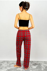 Kadın Pamuklu Ekose Desenli Pijama Altı Eşofman Kurdeleli Kırmızı Yeşil Kareli ürün fotoğrafı