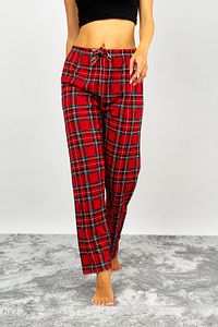 Kadın Pamuklu Ekose Desenli Pijama Altı Eşofman Kurdeleli Kırmızı Yeşil Kareli ürün fotoğrafı