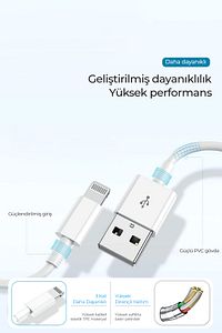 İphone 5/ 5s/ 6/ 6s/ 7 / Plus / Se 1 2 3 Nesil Hızlı Şarj Kablosu Usb To Lightning Örgülü Beyaz ürün fotoğrafı