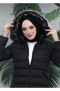 Kürklü Yakalı Uzun Şişme Mont ürün fotoğrafı