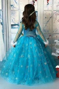 Karlar Ülkesi Frozen Elsa Tarlatanlı Kostüm Mavi Kız Çocuk Elbise Taç Asa Hediye Uzun Kol ürün fotoğrafı