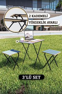 Bahçe Masası Kamp Masası Yükseklik Ayarlı Masa Sandalye Bistro Ahşap Kamp Masası Taburesi 3'lü Set ürün fotoğrafı