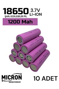 10 Adet 18650 Lityum Pil (batarya) 1200 Mah (amper) 3.7 V ( Volt) Şarj Edilebilir Başsız Pil ürün fotoğrafı