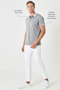Erkek Çekmeyen Pamuklu Kumaş Slim Fit Dar Kesim Gri Kıvrılmaz Polo Yaka T-shirt ürün fotoğrafı
