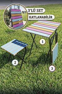 Bahçe Masası Kamp Masası Yükseklik Ayarlı Masa Sandalye Bistro Ahşap Kamp Masası Taburesi 3'lü Set ürün fotoğrafı