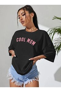 Kadın Siyah Cool Mom Baskılı Hamile Tişört ürün fotoğrafı