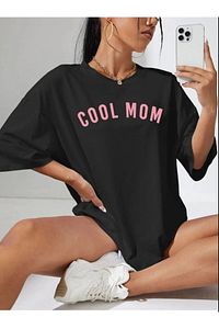Kadın Siyah Cool Mom Baskılı Hamile Tişört ürün fotoğrafı