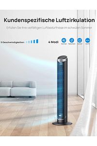 28 dB sessiz kule vantilatör, soğutma uzaktan kumanda, 5 hız, 4 mod, 12 saat zamanlayıcı, 90° ürün fotoğrafı