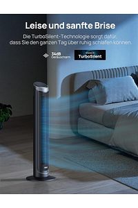 28 dB sessiz kule vantilatör, soğutma uzaktan kumanda, 5 hız, 4 mod, 12 saat zamanlayıcı, 90° ürün fotoğrafı