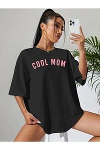 Kadın Siyah Cool Mom Baskılı Hamile Tişört ürün fotoğrafı