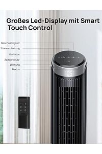 28 dB sessiz kule vantilatör, soğutma uzaktan kumanda, 5 hız, 4 mod, 12 saat zamanlayıcı, 90° ürün fotoğrafı