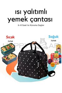 Termal Çanta Yemek Taşıma Beslenme Çantası Isı Yalıtımlı Su Geçirmez Siyah Puantiye Desenli ürün fotoğrafı