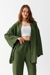 Zen Elegance Kadın Kimono Takım - Geniş Paça Keten Dokulu Alt Üst Yazlık Takım ürün fotoğrafı