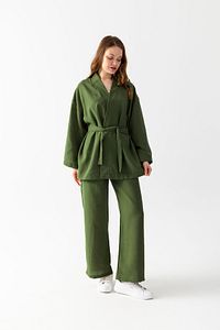 Zen Elegance Kadın Kimono Takım - Geniş Paça Keten Dokulu Alt Üst Yazlık Takım ürün fotoğrafı