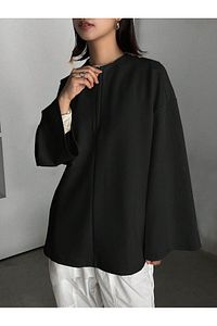 Kadın Siyah İspanyol Kol Bol Kalıp Fermuarlı Modest Bluz ürün fotoğrafı