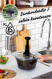 SİYAH XL Pratik 6LT Manuel Sebze Kurutucu Salata Kurutucu (Stop Düğmeli) ürün fotoğrafı