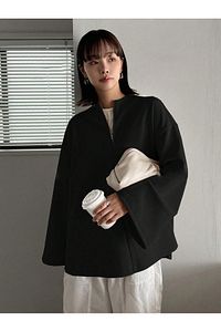 Kadın Siyah İspanyol Kol Bol Kalıp Fermuarlı Modest Bluz ürün fotoğrafı