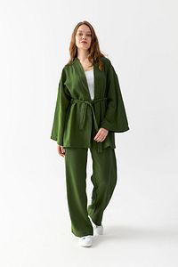 Zen Elegance Kadın Kimono Takım - Geniş Paça Keten Dokulu Alt Üst Yazlık Takım ürün fotoğrafı