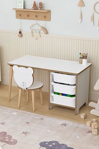 Çocuk Oyun Aktivite Masası 90x45 Cm 3 Sepetli Çocuk Çalışma Masası Arkalıklı Sandalye - Panda ürün fotoğrafı