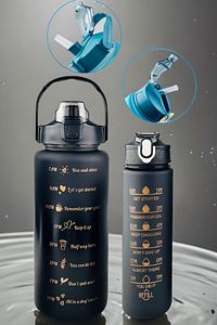 Motivasyonel Su Matarası 2li Pipetli Stickerlı Suluk 2lt+750ml Yavrulu Tritan Spor Salonu Su Şişesi ürün fotoğrafı